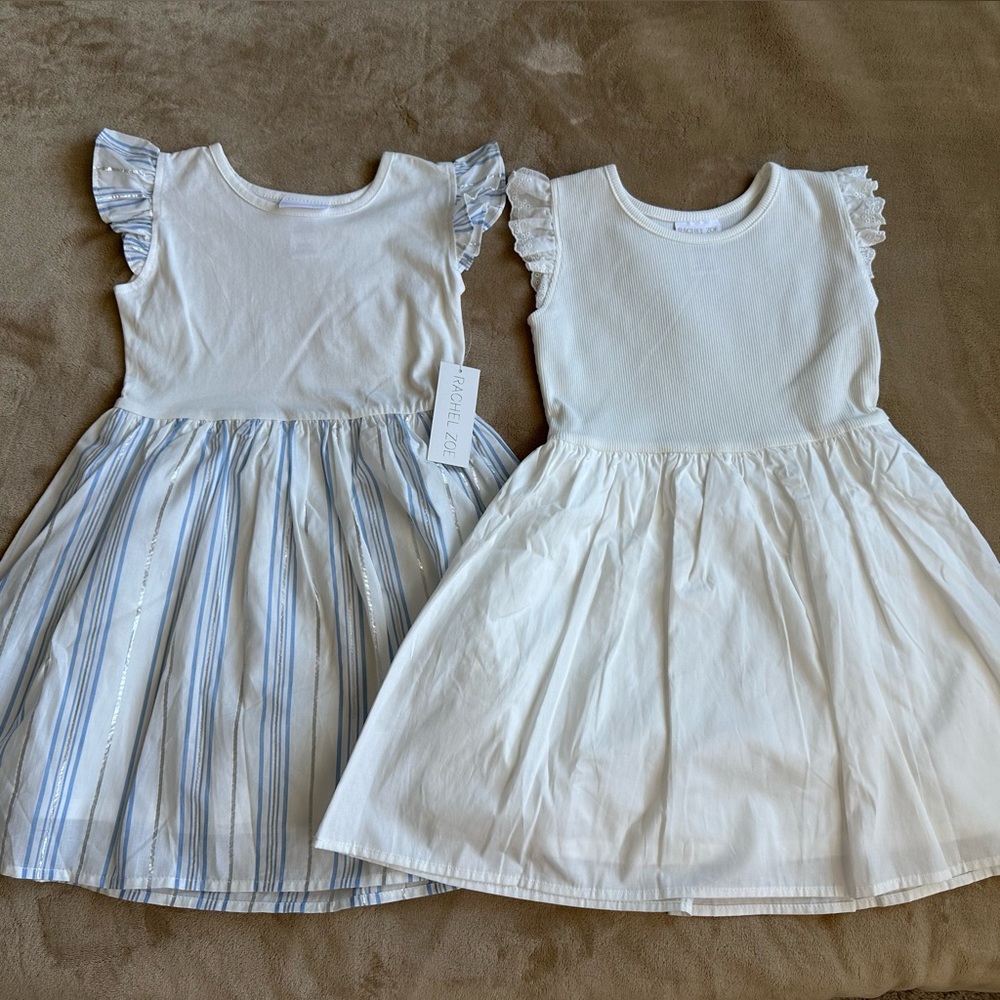Rachel Zoe Girls Dress Set 2Pc Size 6 Blue & White Stripe Flutter Sleeve Lined